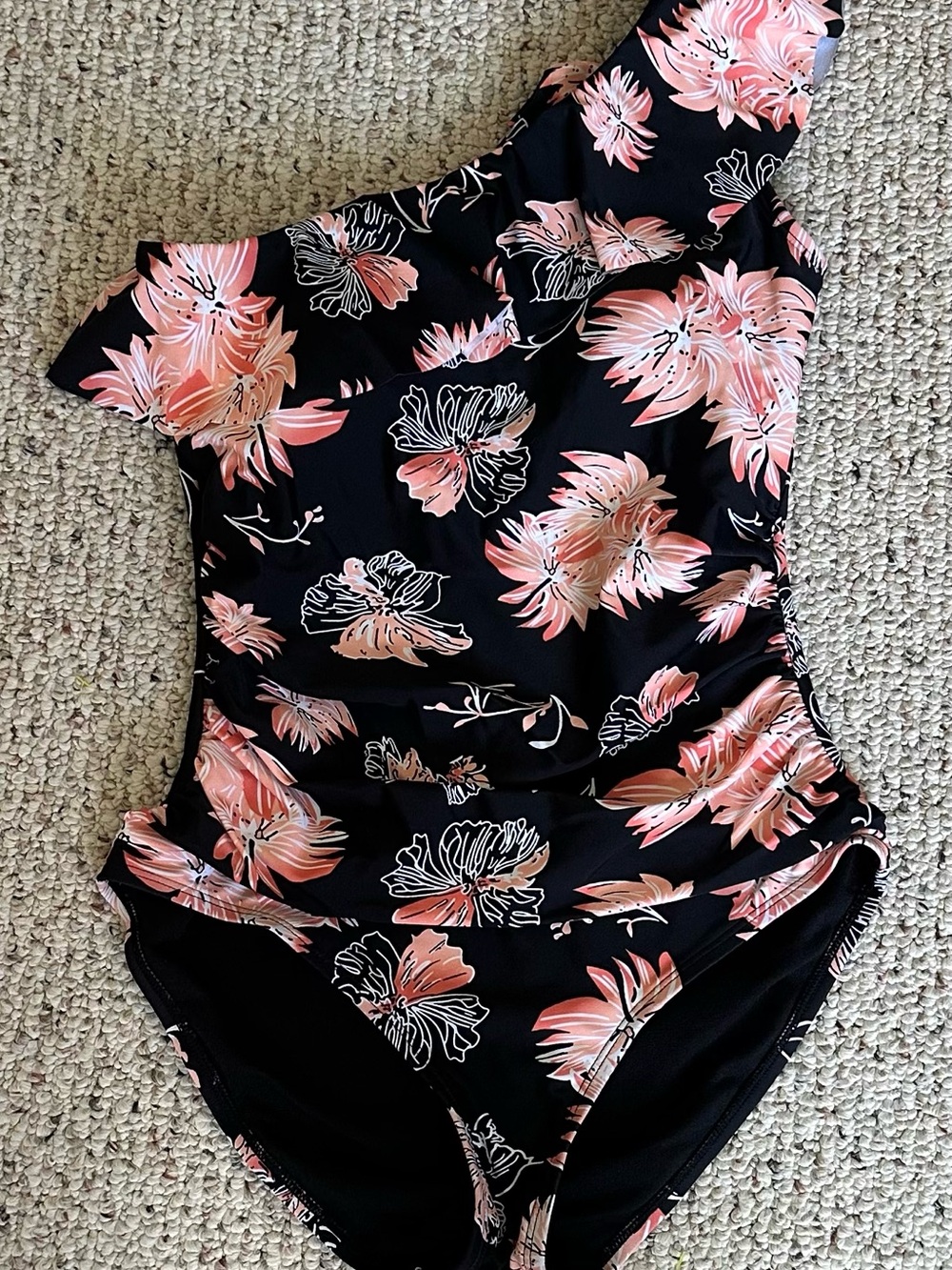Hilor Floral One-Shoulder Women’s One-Piece Swimsuit - Pink on Black